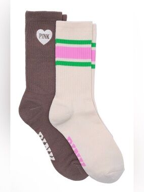 PINK Victoria's Secret “Heart & Stripes” 2-Pack Brown and Cream Crew Socks- New